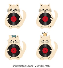 Nice cute funny fat cat with vinyl record on white background vector 