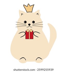 Nice cute funny fat cat with present box cartoon vector illustration on white background 
