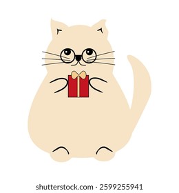 Nice cute funny fat cat with present box cartoon vector illustration on white background 
