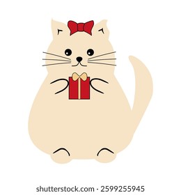Nice cute funny fat cat with present box cartoon vector illustration on white background 