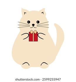 Nice cute funny fat cat with present box cartoon vector illustration on white background 