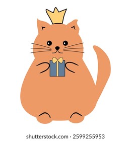 Nice cute funny fat cat with present box cartoon vector illustration on white background 