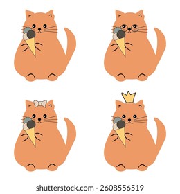 Nice cute funny fat cat with an ice cream isolated vector illustration on white background 