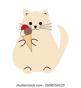 Nice cute funny fat cat with an ice cream isolated vector illustration on white background 