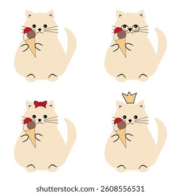 Nice cute funny fat cat with an ice cream isolated vector illustration on white background 