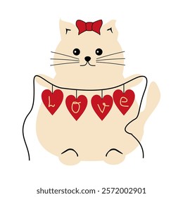 Nice cute lovely cat with love garland valentine day vector illustration celebrate romantic holiday 