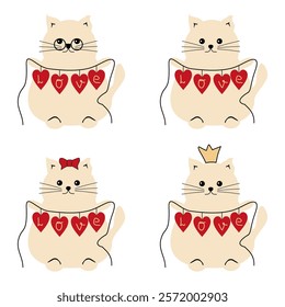 Nice cute lovely cat with love garland valentine day vector illustration celebrate romantic holiday 