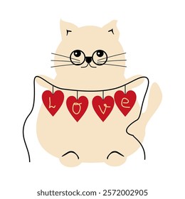 Nice cute lovely cat with love garland valentine day vector illustration celebrate romantic holiday 