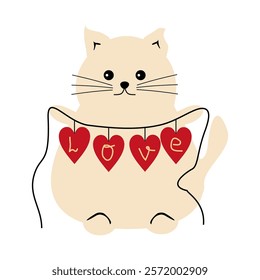 Nice cute lovely cat with love garland valentine day vector illustration celebrate romantic holiday 