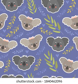Nice cute pattern with funny koalas heads. Hand drawn illustration with eucalyptus on purple. Seamless backdrop. Lovely print design with australian fauna on violet.