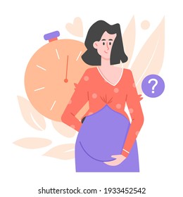 Nice cute pregnant girl. Expectation of childbirth, labor. Contractions. Parenthood. Woman with a tummy. Vector flat illustration.