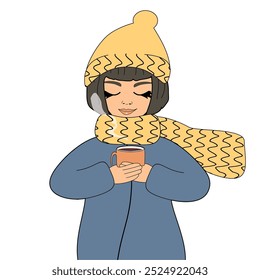 Nice cute toung girl with a cup of coffee or tea winter illustration