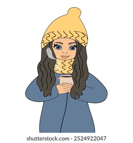 Nice cute toung girl with a cup of coffee or tea winter illustration