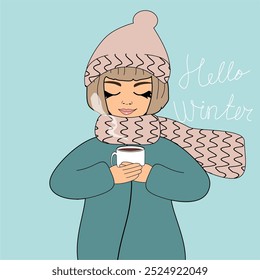 Nice cute toung girl with a cup of coffee or tea winter illustration