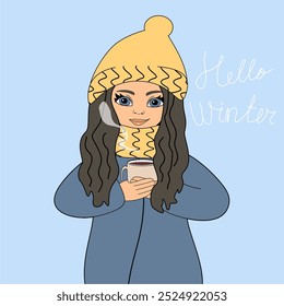 Nice cute toung girl with a cup of coffee or tea winter illustration