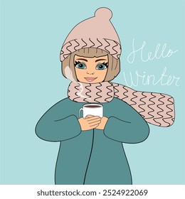 Nice cute toung girl with a cup of coffee or tea winter illustration