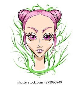 Nice and cute young woman's face..Fantasy elf woman with pink hair and pink eyes.