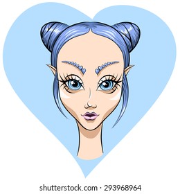 Nice and cute young woman's face..Fantasy elf woman with light-blue hair and light-blue eyes..Light-blue background with heart.