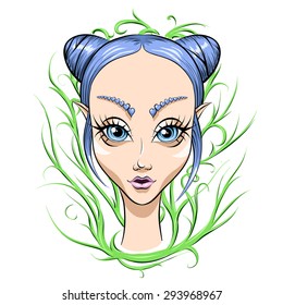 Nice and cute young woman's face..Fantasy elf woman with blue hair and blue eyes.