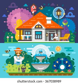 Nice Day And Night Mystical Garden Landscapes: Awesome Kennel For Cute Dog With Nesting Box And Street Lantern. Happy Gardener. Majestic Peacock. Fountain. Flat Vector Illustration Set