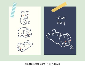 Nice day. set of cards with cute characters. illustration of small teddy bears - sleeping, eating and dreaming