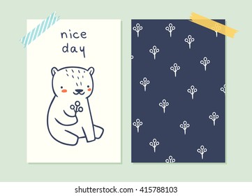 Nice day. set of cards with cute character. small teddy bear with berry