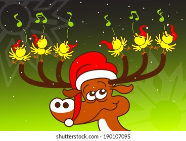 Nice deer with red Santa hat while holding in its antlers a group of six enthusiastic yellow birds which sings and celebrates while posing on a green background with Christmas decoration