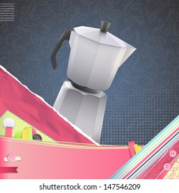 Nice design with coffee pot on vintage background. Vector design. 