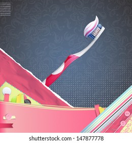 Nice design with realistic toothbrush and toothpaste. vector background 