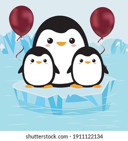 Nice design of three penguins with a background of ice mountains accompanied by two red balloons