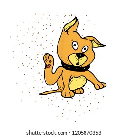 Nice dog clenching its eyes, raising its ears, stretching its forelegs and showing worried and desperate while scratching the right side of his head with its hind leg. Vector illustration