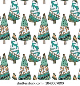 Lindo Doodle Christmas Tree Vector patrón sin fisuras. Decoración de casa festiva para vacaciones de invierno. Objeto de doodle aislado para el diseño de año nuevo, pancarta de x-mas, afiche de higge, pegatina. EPS10