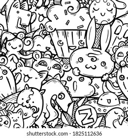 Nice doodle smiling creatures seamless pattern for child prints, designs and coloring books. Rabbit, cream, dino, cat, ufo, cactus. Vector illustration