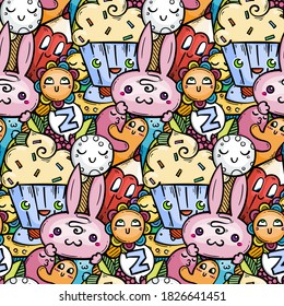 Nice doodle of smiling creatures. Seamless pattern for child prints, designs and coloring books. Rabbit, tasty cream cupcake, pencil. Vector illustration