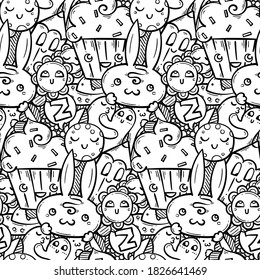 Nice doodle of smiling creatures. Seamless pattern for child prints, designs and coloring books. Rabbit, tasty cream cupcake, pencil. Vector illustration