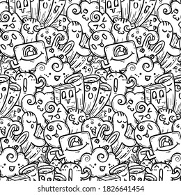 Nice doodle smiling monsters seamless pattern for child prints, designs and coloring books. Vector illustration