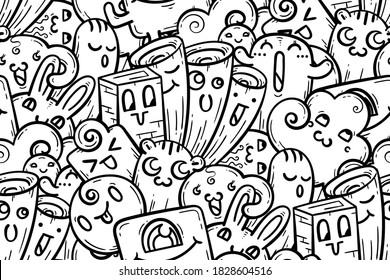 Nice doodle smiling monsters seamless pattern for child prints, designs and coloring books. Vector illustration