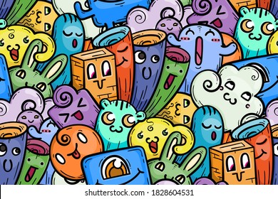 Nice doodle smiling monsters seamless pattern for child prints, designs and coloring books. Vector illustration