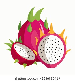 Bela fruta de dragão, fruta inteira e meia. frutas tropicais. , ilustração vetorial sobre fundo branco.