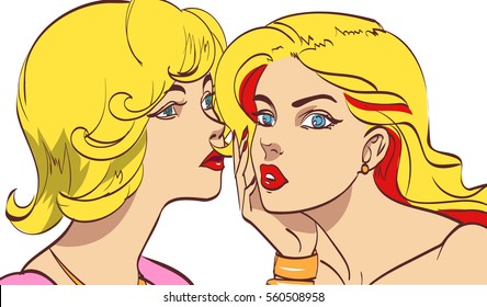 nice drawn two talking blonde women in color. Vector pop art syle. Isolated eps 10.