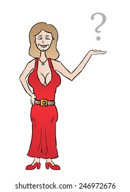 nice dressed woman with big breasts and question mark, cartoon, isolated