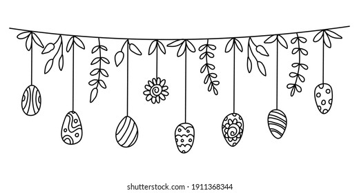 A nice Easter eggs garland decorated with leaves and flowers in doodle sketch style. Great for  greeting cards, posters. Hand drawn vector illustration in black ink. Isolated outline