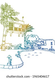 Nice Egypt landscape with palm trees. Egypt, North Africa. Artistic Hand drawn sketch. Line ink art. Seaside holiday. Colourful Illustration on white. Travel sketch for poster, postcards and brochure.