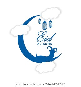 Nice Eid al adha bakrid festival greeting design on crescent moon, cloud, lamp, text background