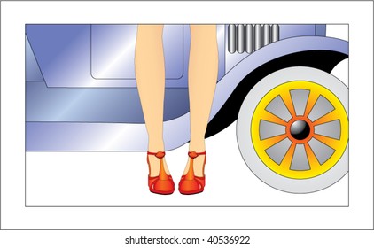 Nice elegant legs in front of a old car