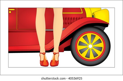 Nice elegant legs in front of a old car