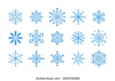 Nettes Element für Weihnachtsbanner, Postkarten. Winterblauer Schnee flackert Kristallelement. Flaches Design Linie Schneeflocken Weihnachten und Neujahr Dekoration Element Set. Vektorgrafik.