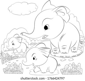 The nice elephant family playing in the jungle.Vector hand drawn images for coloring books, nature illustration,pre school coloring page,background,animals cartoon coloring,decoration,clip art.