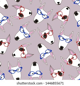 Nice endless ornament with chaotic white muzzle of a dog with glasses on pink backdrop.