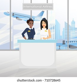 A nice european flight attendant and African American stewardess at the desk with an airport. International airlines. Vector illustration in flat cartoon design.